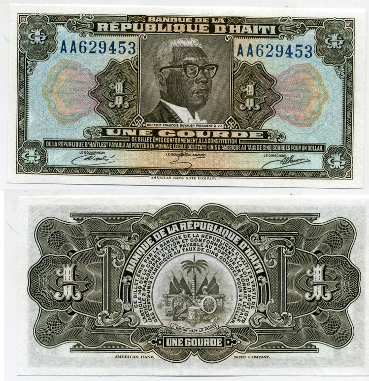 Гаити 1 гурд 1979 первая полимерная (пластиковая), ABNC, президент Франсуа Дювалье Pick 230 пластик UNC (пресс) 451-34-3