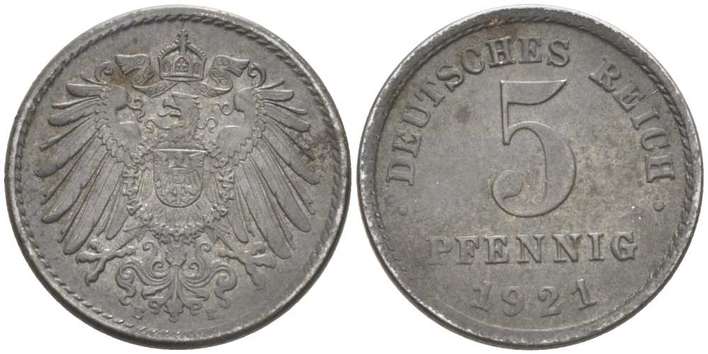 ГЕРМАНИЯ 5 ПФЕННИГОВ 1921 E KM 19, J. 297, Weege 5 железо 206-748