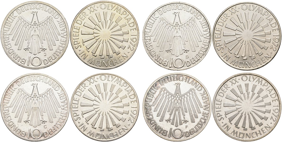 ФРГ набор из 4 монет по 10 марок 1972 XX Олимпийские игры 1972 года в Мюнхене, спираль (F, J, D, G), коробка KM 134.1, J. 401b серебро UNC 3-4-7-27