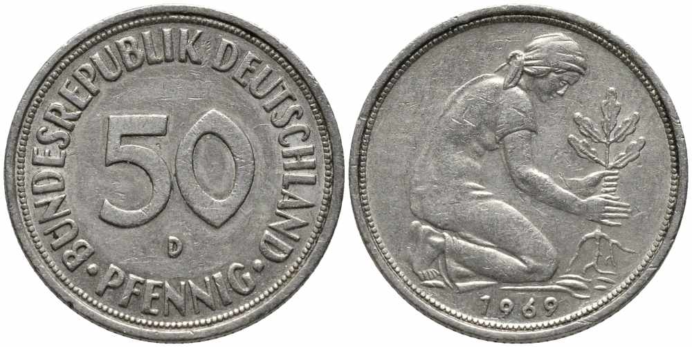ФРГ 50 пфеннигов 1969 D KM 109.1, J. 384 медно-никель 112-159