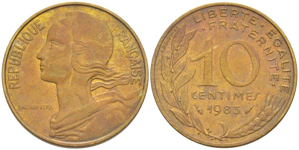 ФРАНЦИЯ 10 САНТИМОВ 1983 ТИП MARIANNE KM 929, LE FRANC 144.23 алюминиевая бронза 217-231