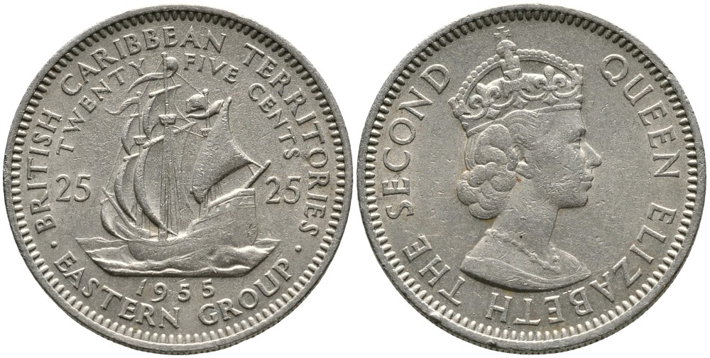 Британские Восточно-Карибские территории 25 центов 1955 Елизавета II (1952-2022), парусник KM 6 медно-никель 4529-821