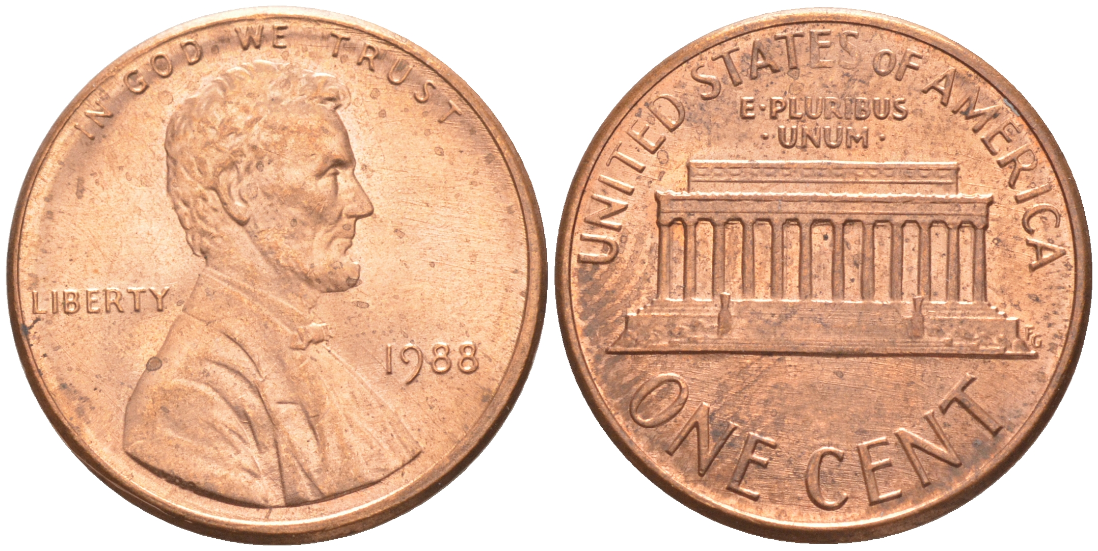 США 1 ЦЕНТ 1988 KM 201b ЛИНКОЛЬН медь цинк UNC 187-714