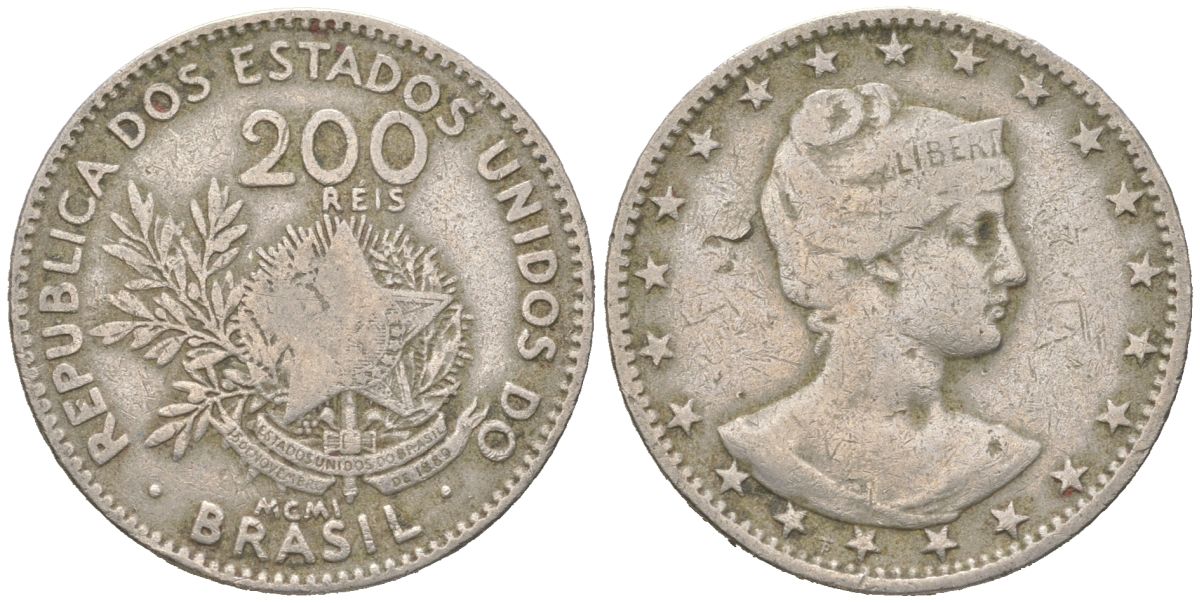 Бразилия 200 реалов 1901 MCMI, голова свободы вправо KM 504 медно-никель 4612-237