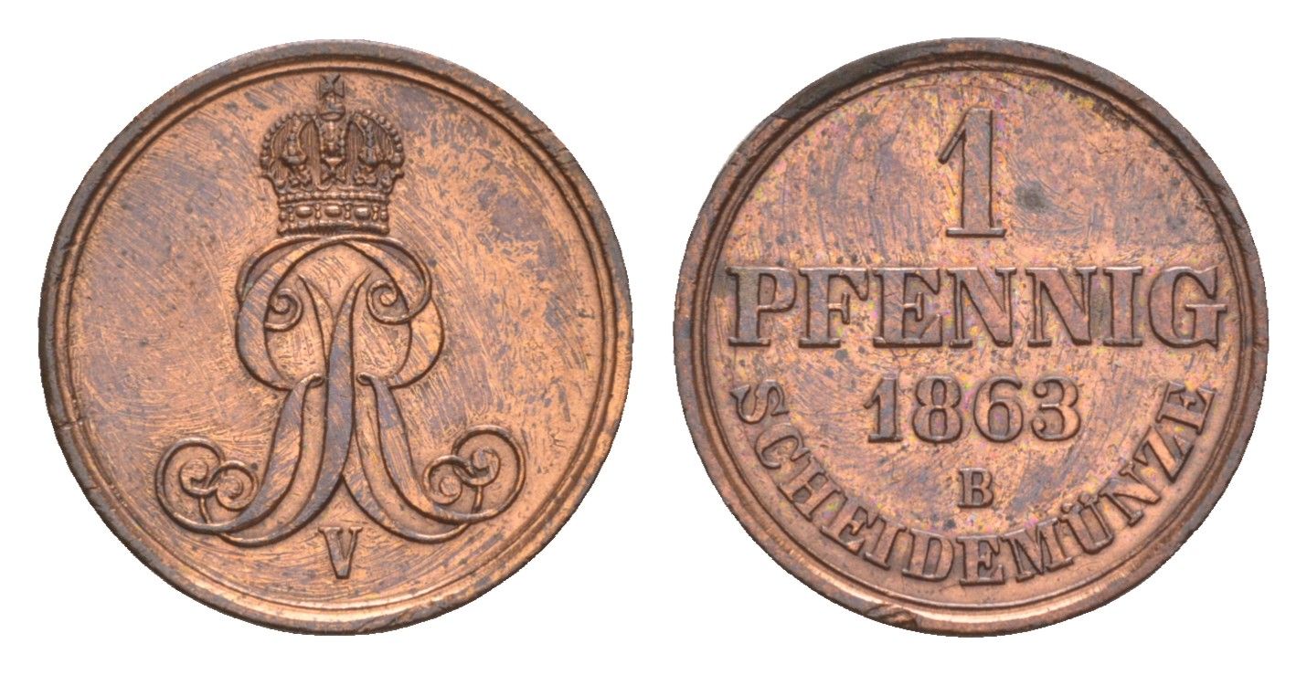 Ганновер 1 пфенниг 1863 B, Георг V (1851-1866) KM 233, AKS 156, J. 90 медь    4658-1064