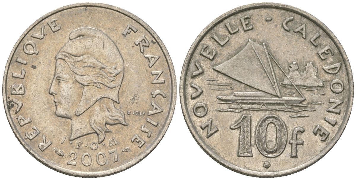 Французская Новая Каледония 10 франков 2007 рыбачья парусная лодка, (IEOM) KM 11a, Schoen 13a, Lec 99k медно-никель 58-455