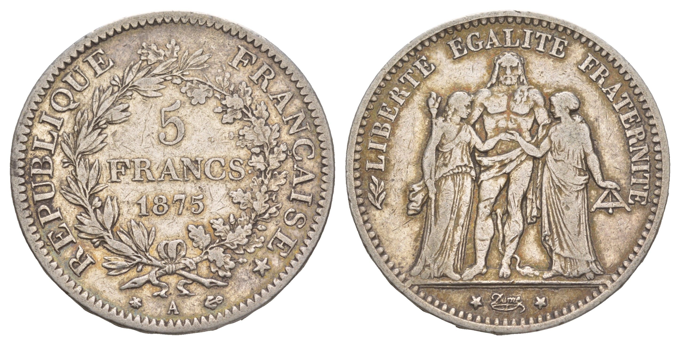Франция 5 франков 1875 А, Геракл с богинями равенства и братства KM 820 серебро 1519-834