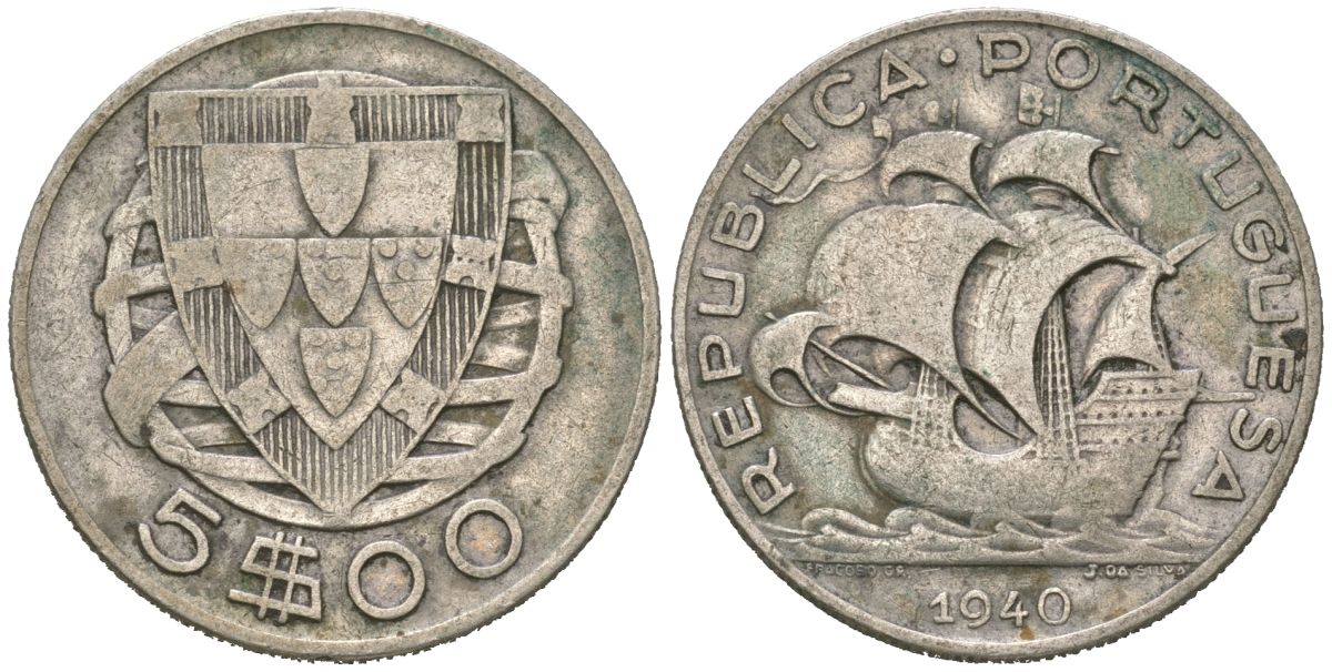 Португалия 5 эскудо 1940 KM 581 серебро 117-634