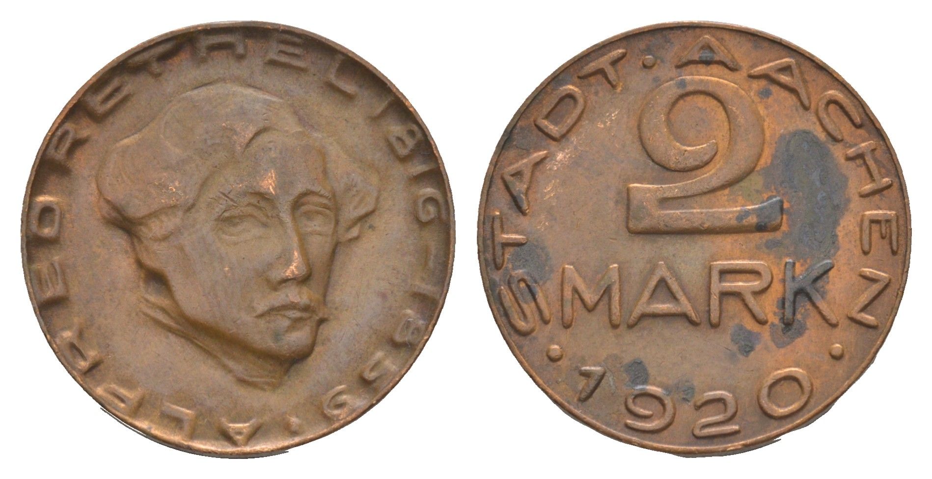 Аахен 2 марки 1920 Funck 1.17, Men05 70.63, Men18 99.63 латунь 1528-533