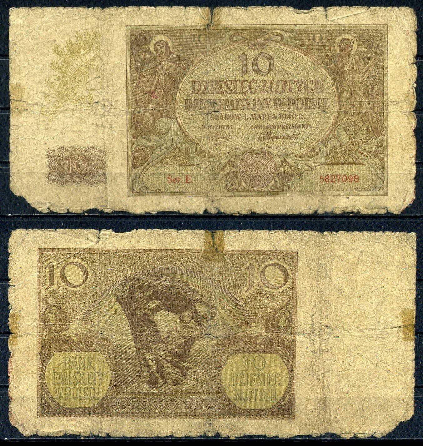 Польша 10 злотых 1940 Pick 94 (1) бумага 6283-13-2-2
