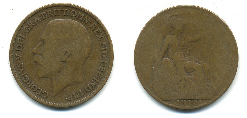 Великобритания 1 пенни 1915 Георг V (1910-1936) KM 810, Spink 4051 бронза 4110-131