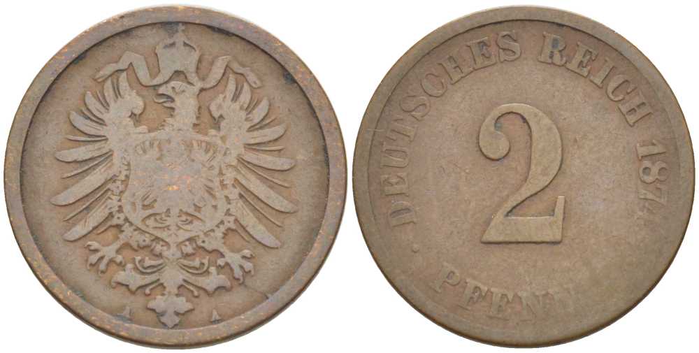 ГЕРМАНИЯ 2 ПФЕННИГА 1874 A, СТАРОГЕРБОВКА KM 2, J. 2, Weege 3 медь 212-457