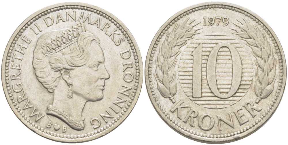 ДАНИЯ 10 КРОН 1979 B; B, МАРГРЕТЕ II (1972-) KM 864.1 медно-никель 4403-321