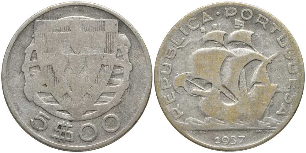 ПОРТУГАЛИЯ 5 ЭСКУДО 1937 ПАРУСНИК КМ 581 серебро 202-417