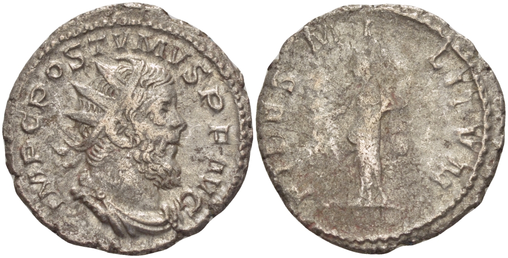 Римская Империя (императоры в Галлии) антониниан 260 - 269 Постум. IMP C POSTVMVS P F AVG / FIDES MILITVM, Фидея, персонификация Верности, с боевыми штандартами, Колония Агриппины, Very fine RIC 59 биллон 1073-12-61