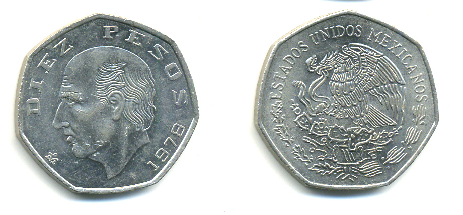 МЕКСИКА 10 ПЕСО 1978 МАНУЭЛЬ ХИДАЛЬГО КАСТИЛЬЯ KM 477.2 медно-никель 86-1525