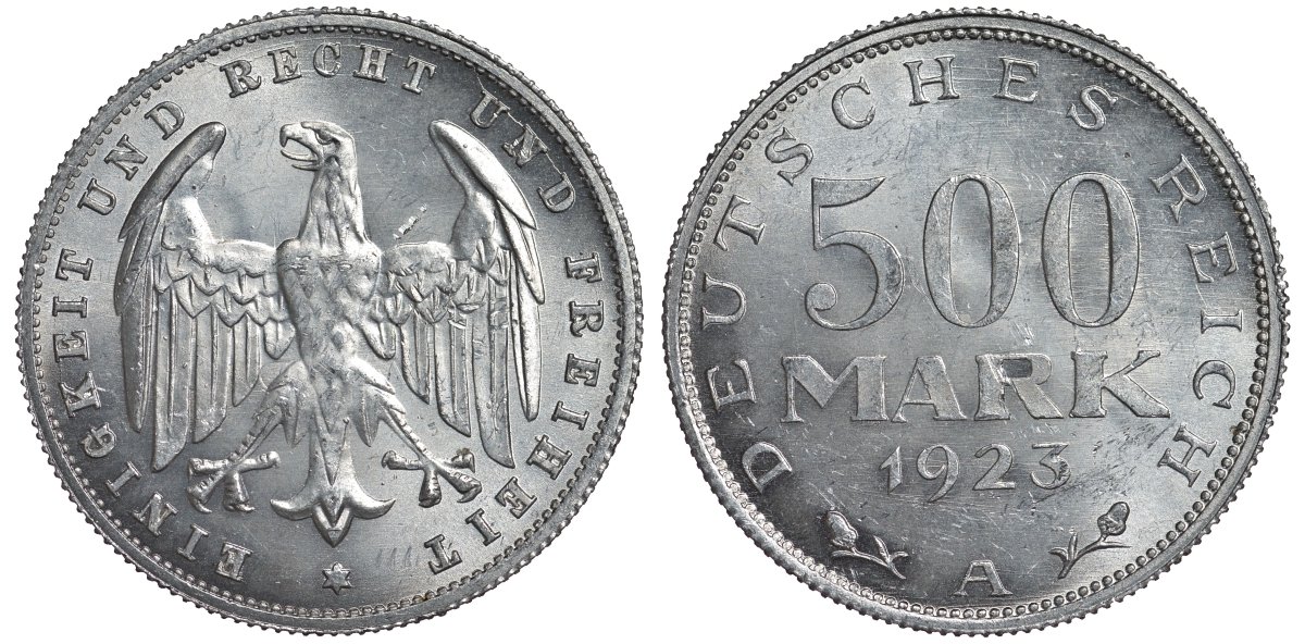 Германия 500 марок 1923 А KM 36, J.305 алюминий UNC 4587-511