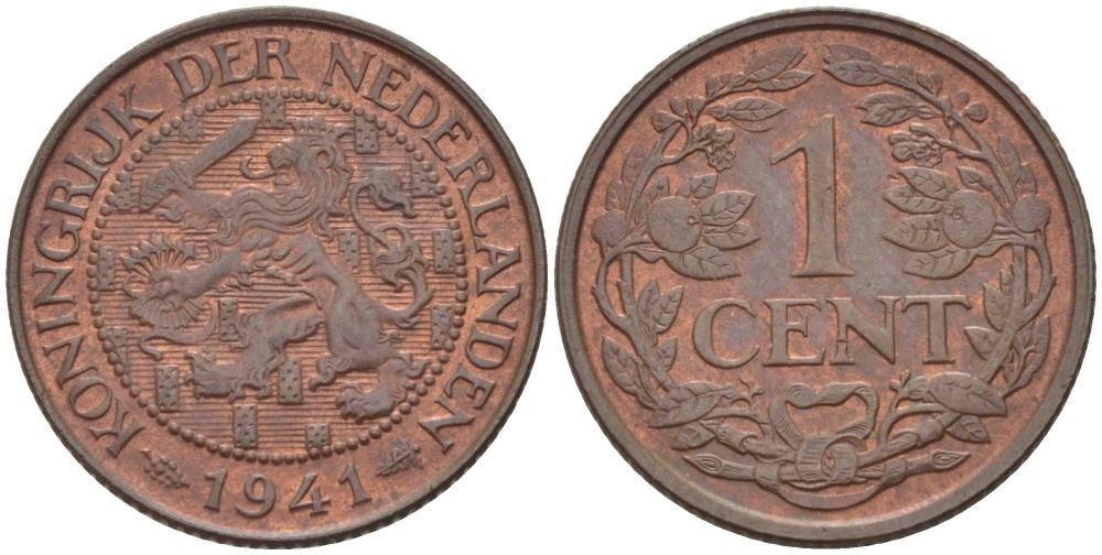 НИДЕРЛАНДЫ 1 ЦЕНТ 1941 ВИЛЬГЕЛЬМИНА (1890-1948) KM 152 бронза 39-116