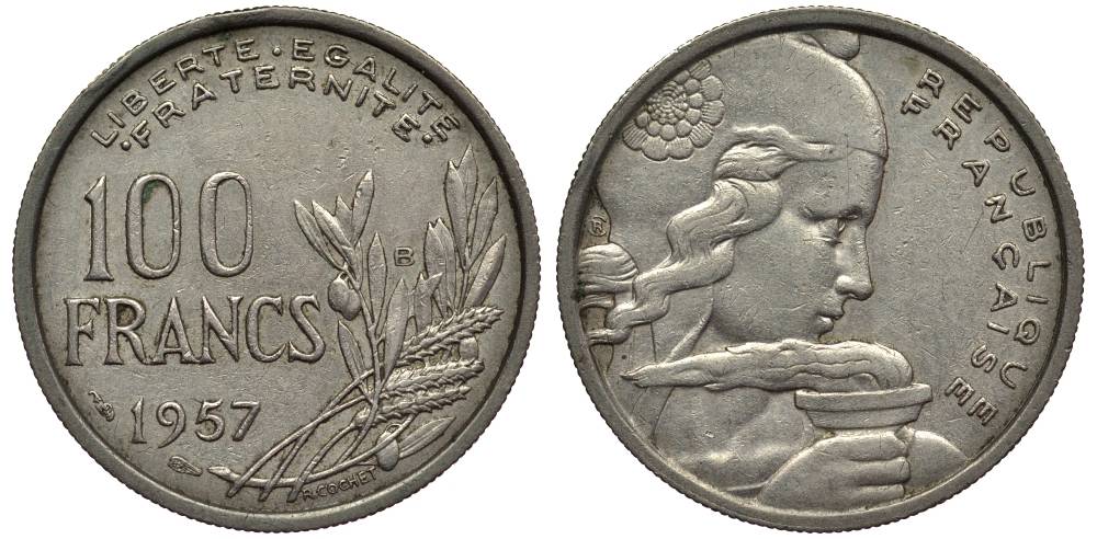 Франция 100 франков 1957 В, тип COCHET KM 919.1, Le Franc 450.11 медно-никель 27-757