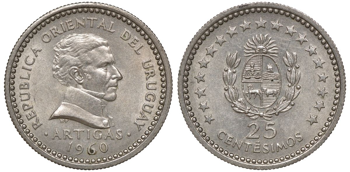 Уругвай 25 сентесимо 1960 KM 40 медно-никель 4169-861