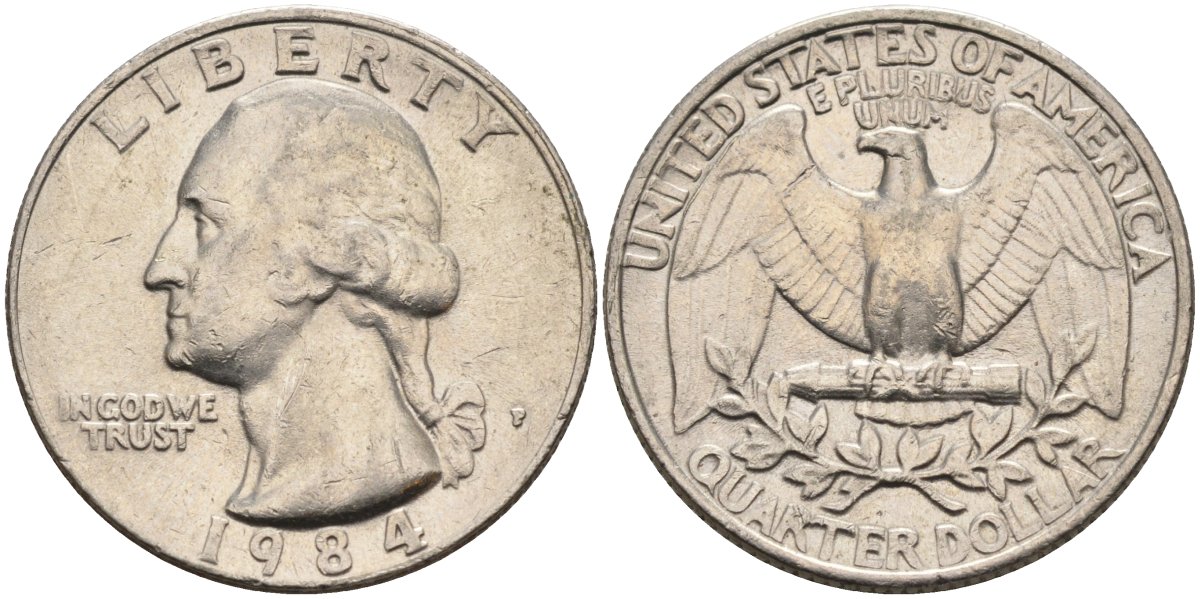 США 25 центов (квотер) 1984 P, Вашингтон KM A164a медь плакированная медно-никелем 4584-1217
