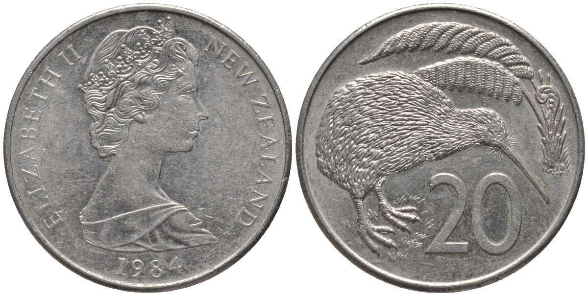 Новая Зеландия 20 центов 1984 Елизавета II (1952-2022), птичка киви KM 36.1 медно-никель 81-625