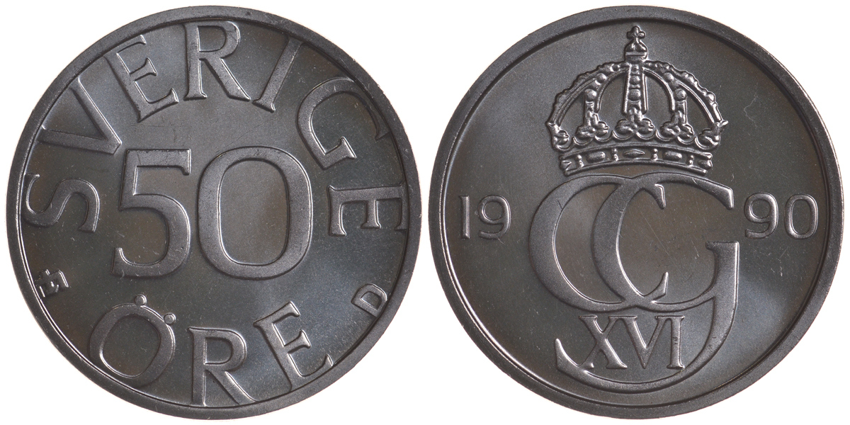 Швеция 50 эре 1990 D Карл XVI Густав (1973- ) KM 855 медно-никель PROOFLIKE 00-00