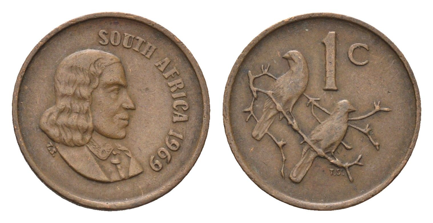 ЮАР 1 цент 1969 Ян ван Рибек (1619-1677), South Africa, легенда на африкаанс, капские воробьи KM 65.1 бронза 4690-1159