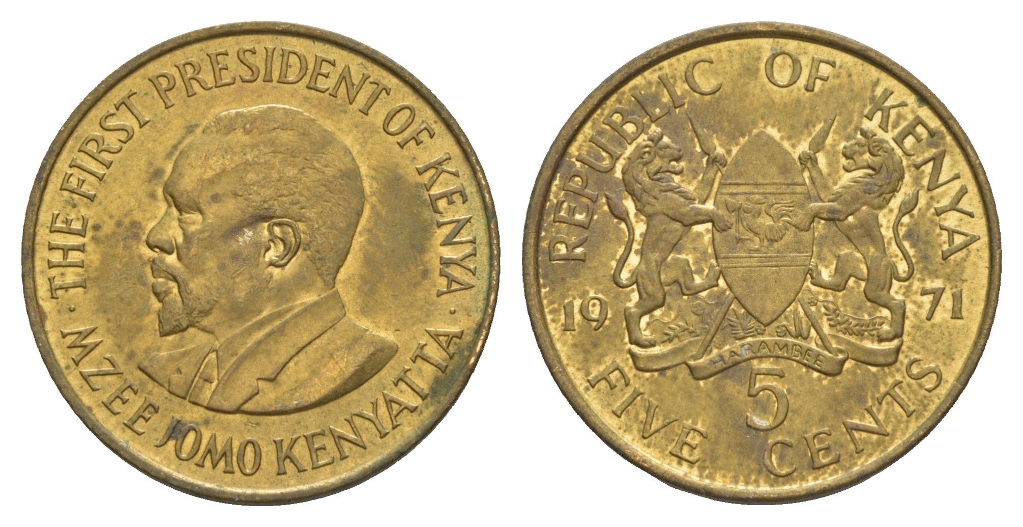Кения 5 центов 1971 Джомо Кениата KM 10 никель латунь aUNC 4650-751