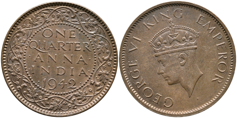 Британская Индия 1/4 анна 1942 Георг VI (1937-1952) KM 531 бронза aUNC 3999-151