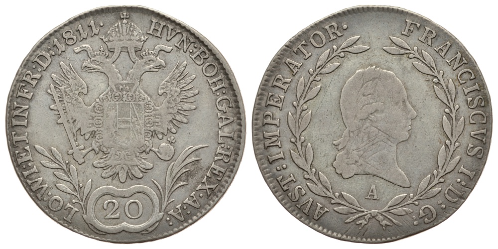 Австрия 20 крейцеров 1811 A, Франц I (1792-1835) KM 2142 серебро 00-000-00