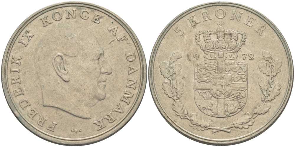 ДАНИЯ 5 КРОН 1972 S; S, ФРЕДЕРИК IX (1947-1972) KM 853.2 медно-никель 38-513