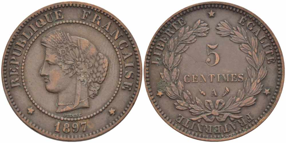 ФРАНЦИЯ 5 САНТИМОВ 1897 А, ТРЕТЬЯ РЕСПУБЛИКА (1871-1940) KM 821.1, LE FRANC 118.41 бронза 108-653