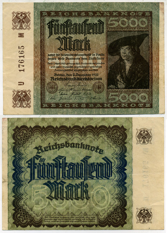 ГЕРМАНИЯ 5000 МАРОК 1922 2 ДЕКАБРЯ 1922, ВОДЯНОЙ ЗНАК Е, В ЗВЁЗДАХ G/D, ДЮРЕР Pick 81а бумага 3295-99-1