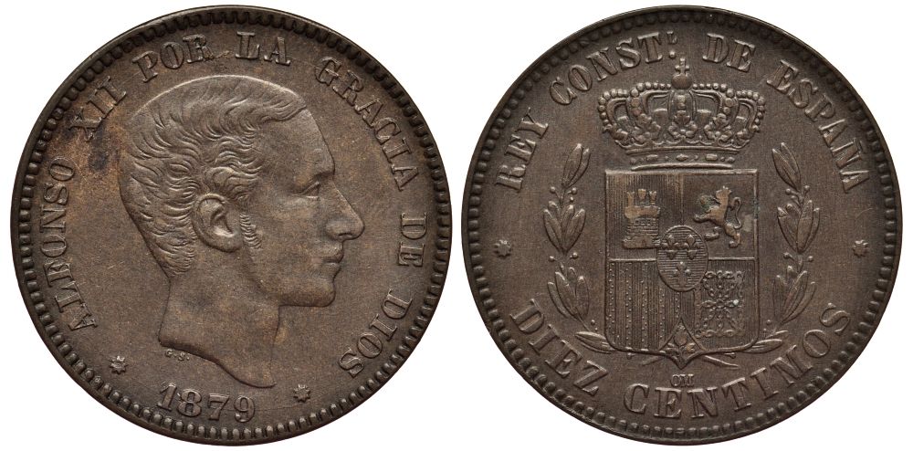 ИСПАНИЯ 10 СЕНТИМО 1879 OM, АЛЬФОНСО XII (1874-1885) KM 675 (Y70) бронза 1522-513