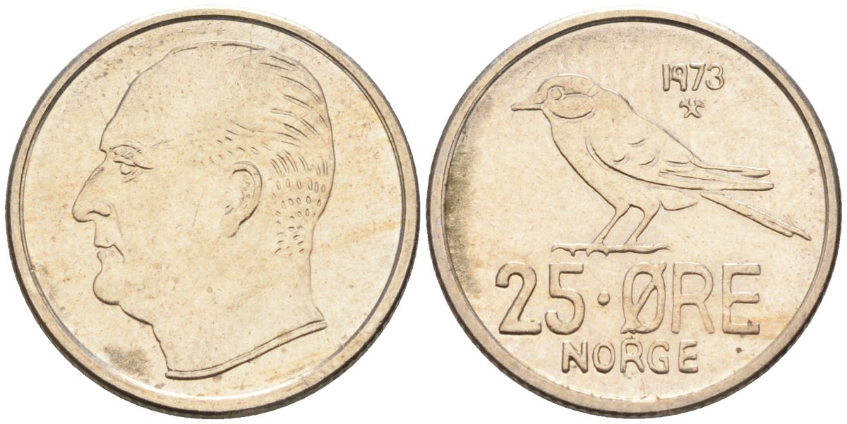 Норвегия 25 эре 1973 Улаф V (1958-1991), синица KM 407 медно-никель UNC 4580-1043