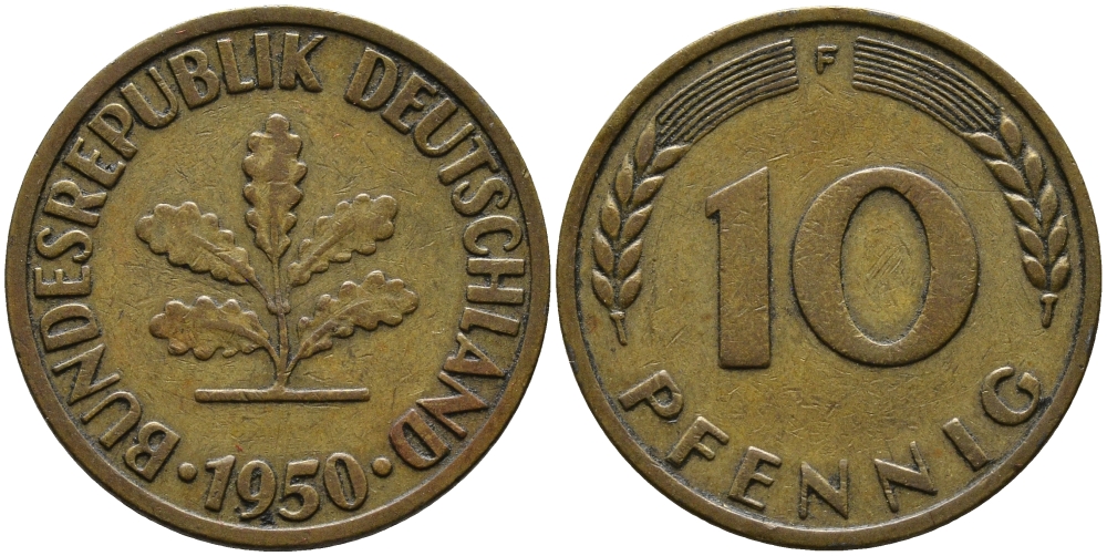 ФРГ 10 ПФЕННИГОВ 1950 F KM 108, J.383 сталь плакированная латунью 33-114