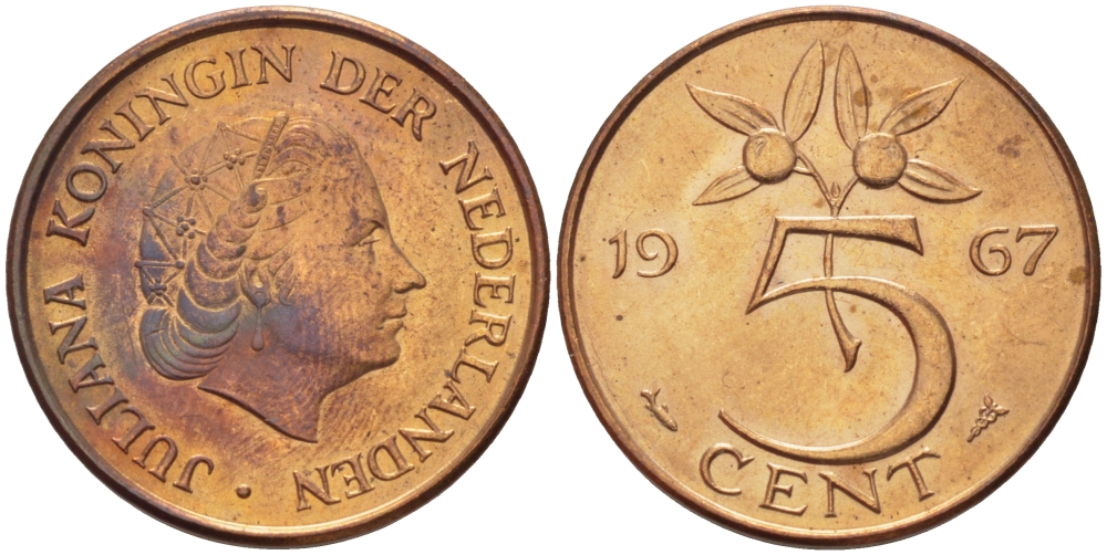 НИДЕРЛАНДЫ 5 ЦЕНТОВ 1967 ЮЛИАНА KM 181 бронза aUNC 31-941