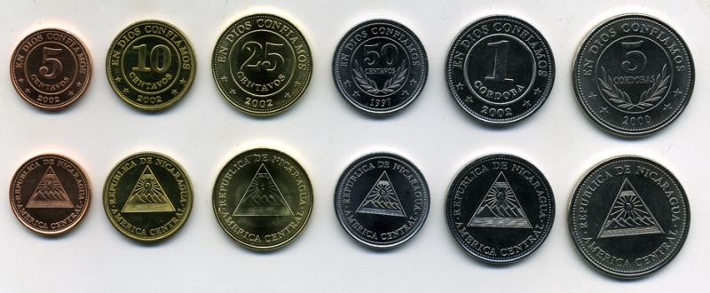 Никарагуа лот из 6 монет лот из 6 монет 5, 10, 25, 50 сентаво, 1, 5 кордоба UNC M77-01