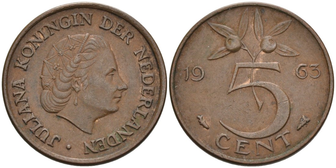 НИДЕРЛАНДЫ 5 ЦЕНТОВ 1963 ЮЛИАНА (1949-1980) КМ 181 бронза 4573-355