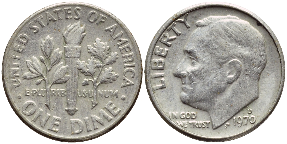 США 10 ЦЕНТОВ = 1 ДАЙМ 1970 D, РУЗВЕЛЬТ KM 195а медь плакированная медно-никелем 4396-438