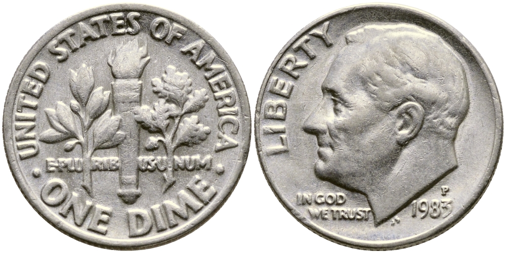 США 10 ЦЕНТОВ = 1 ДАЙМ 1983 P, РУЗВЕЛЬТ KM 195а медь плакированная медно-никелем 46-2546