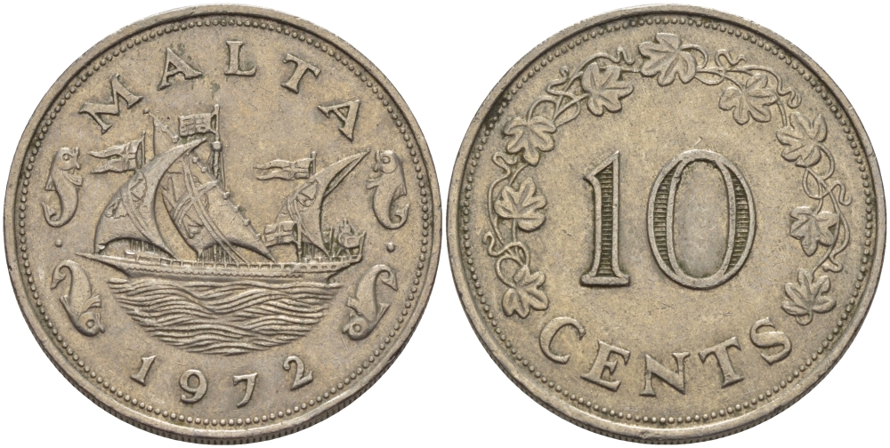 Мальта 10 центов 1972 баржа Великого магистра KM 11 медно-никель 82-325