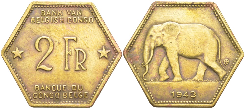 Бельгийское Конго 2 франка 1943 слон, шестиугольная, год тип KM 25 латунь 4541-951