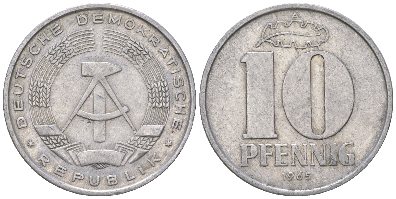 ГДР 10 пфеннигов 1965 А алюминий 3459-611