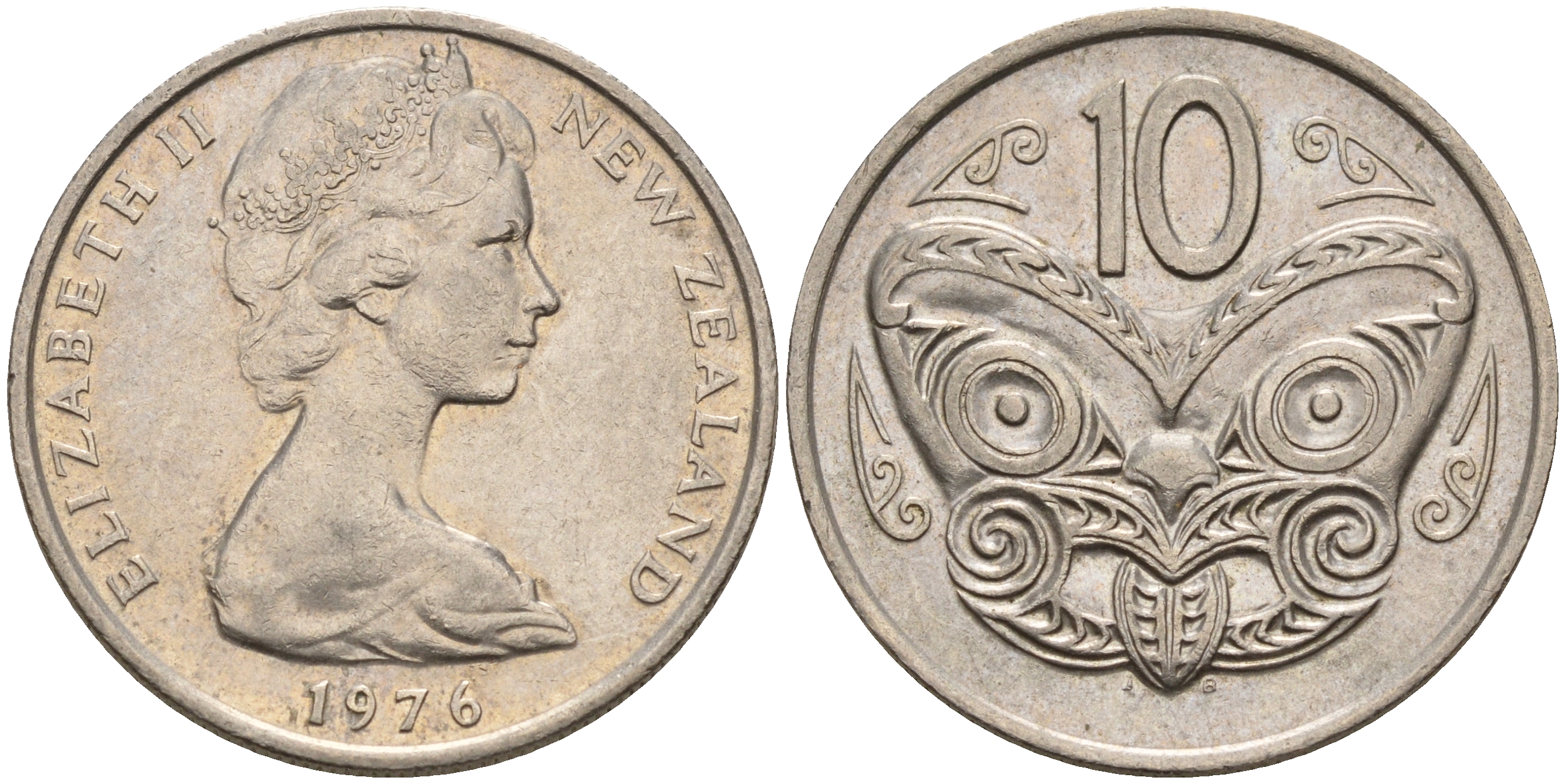 Новая Зеландия 10 центов 1976 Елизавета II (1952-2022), маска маори KM 41.1 медно-никель 4603-252