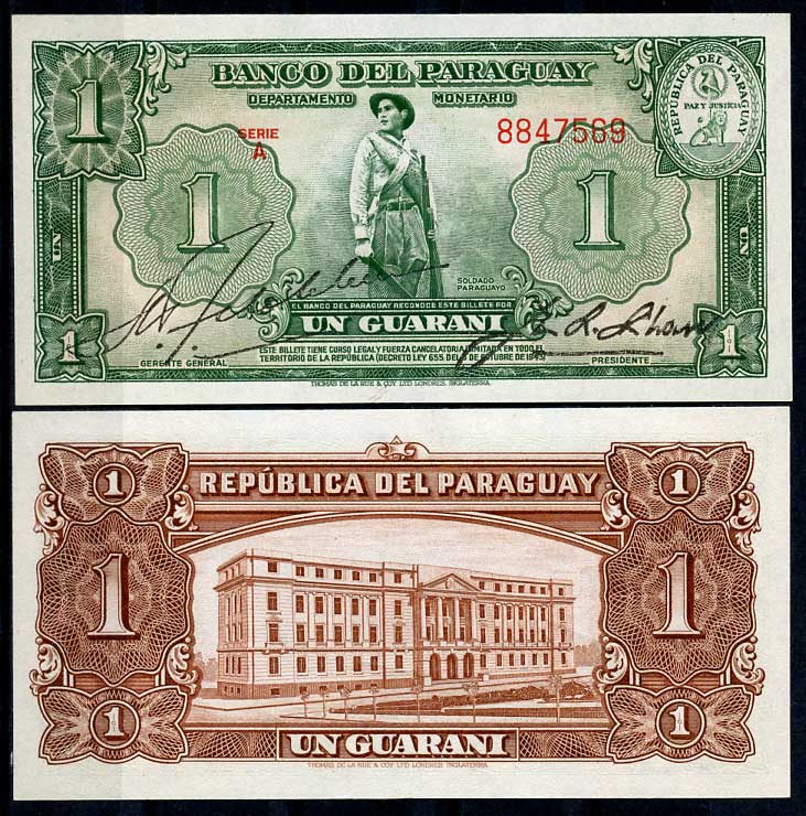Парагвай 1 гуарани 1943 солдат, здание Банка Парагвая, Асунсьон Pick 178 (3)  бумага  UNC (пресс) 00-00