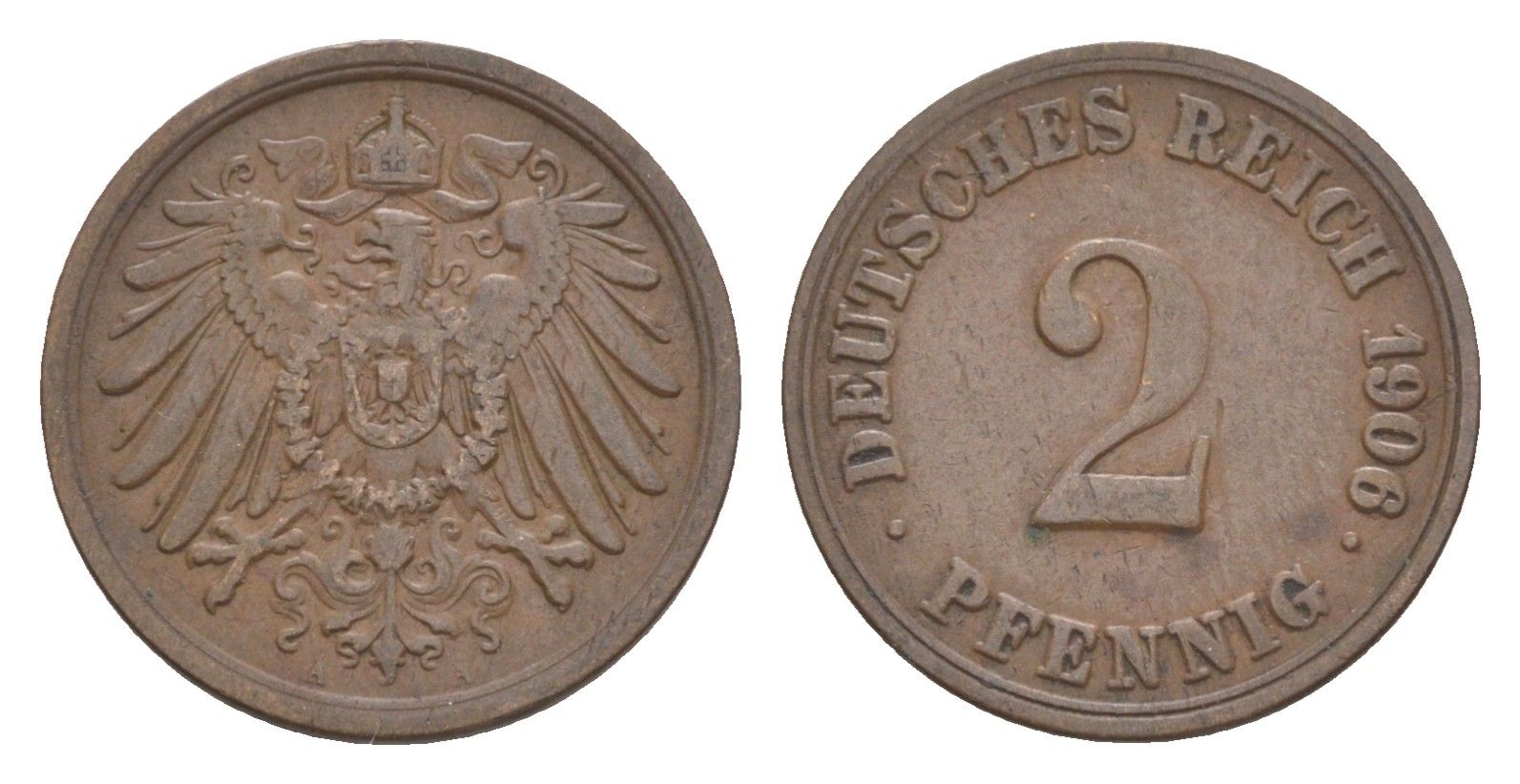 Германия 2 пфеннига 1906 A, Вильгельм II (1888-1918) KM 16, J. 11, Weege 4 медь 4639-1213