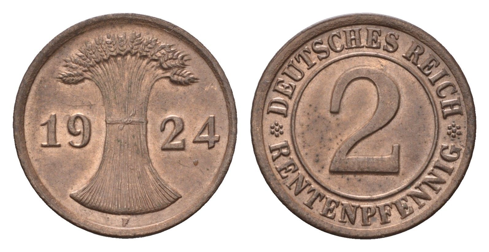 Германия 2 рентенпфеннига 1924 F KM 31, J. 307 бронза aUNC 54-343