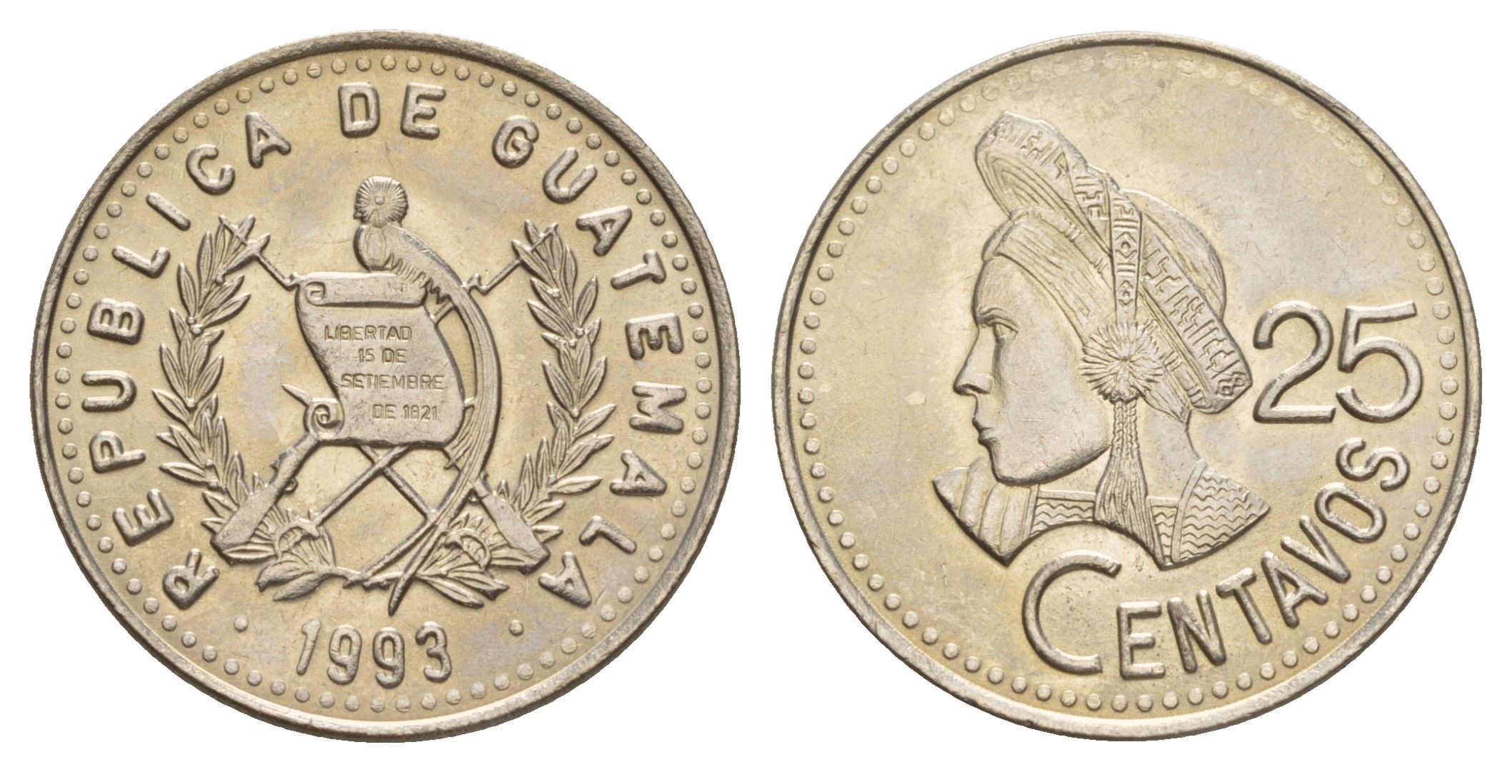 Гватемала 25 сентаво 1993 KM 278 медно-никель UNC 4628-1036